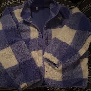 Free People Plush Checkered Puffer Jacket - Purple & Cream
